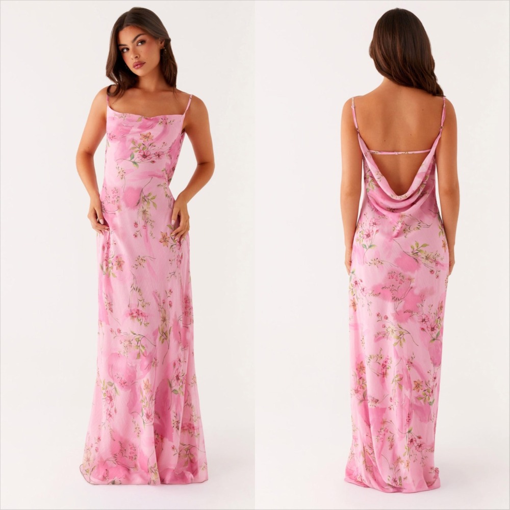 Peppermayo Orlando Maxi Dress Pink Floral Print Cowl Neck Open Back Size 8 NEW